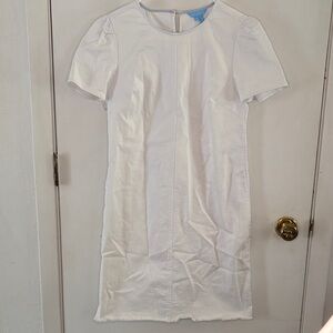 Draper James white denim short sleeve sheath shift dress frayed hems Size 8